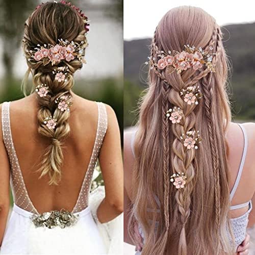 5 Pieces Bridal Flower Wedding Hair Pins Crystal Pearl Hair Combs Clips Headpiece Gold Wedding Hair Accessories Jewelry with Rhinestone for Brides Bridesmaids Women Girls Updo (Cherry Blossoms Pink) - Image 5