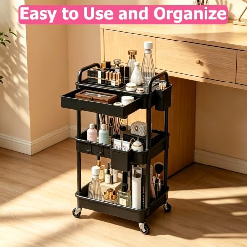 REBECAT 3 Tier Rolling Makeup Cart Cosmetic Display Organizer with Drawer - Image 4