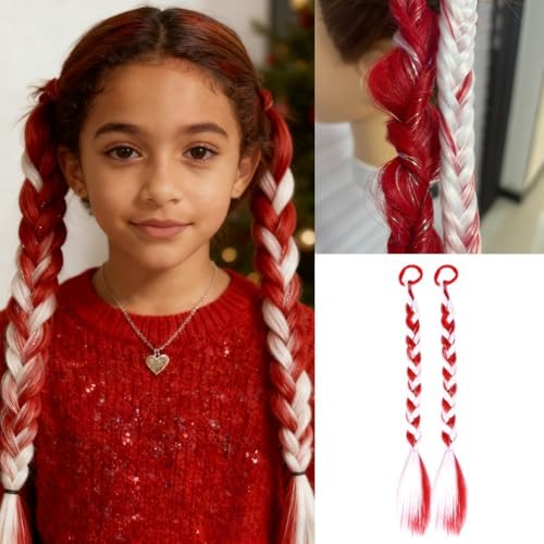Red/White Ponytail Tinsel for Girls Hair Accessories Synthetic Tinsel Extensions With Rubber Band Christmas Festival Halloween Party Daily Crazy Days Hair Pieces 20inch 2pcs/lot - Image 2