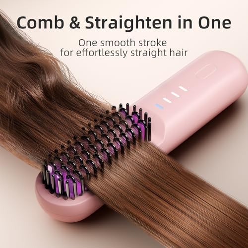 Cordless Hair Straightener Brush Portable Wireless Ceramic Hot Brush for Women USB-C Rechargeable Travel Straightener Negative Ion Anti-Frizz Fast Heating 4 Temperature Settings Auto Shut-Off (Pink) - Image 2