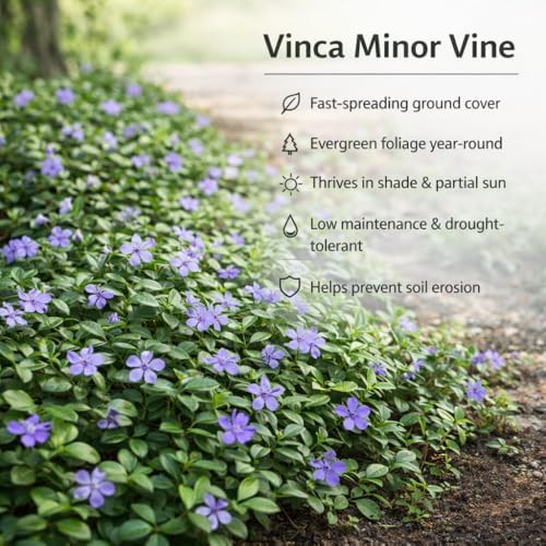 Vinca Minor Ground Cover Plants, Periwinkle Plants Live, 4 Inch Pot, Evergreen Groundcover Vine with Purple Flowers - Image 3