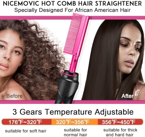 NICEMOVIC Ceramic Heating Hair Straightener Comb - Hot Pressing Brush for Natural Black Hair, Beard Wigs, and Curling (Pink) - Image 3