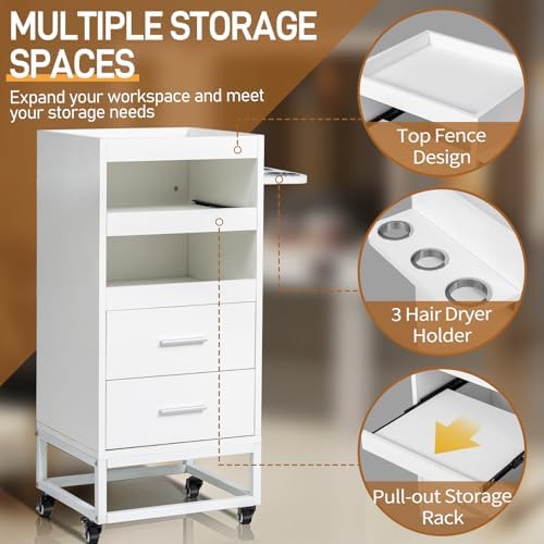 Winado Beauty Salon Trolley Cart with 2 Drawers, 3 Tool Holders, White - Image 4