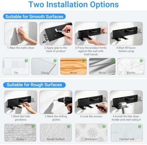 Hair Dryer Holder Wall Mount with 2 Storage Compartments, Aerospace Aluminum Blow Dryer Curling Iron Flat Iron Holder, No Drill Adhesive Bathroom Hair Tool Organizer, Heat Resistant (Black) - Image 6
