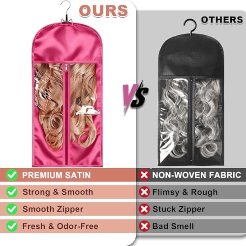 2 Pack Pink Silk Satin Wig Storage Bag with Hanger, Breathable Hair Extension Holder for Styling & Organizing, Dust-proof Silk Case for Protecting Hair Extensions & Wigs - Image 6