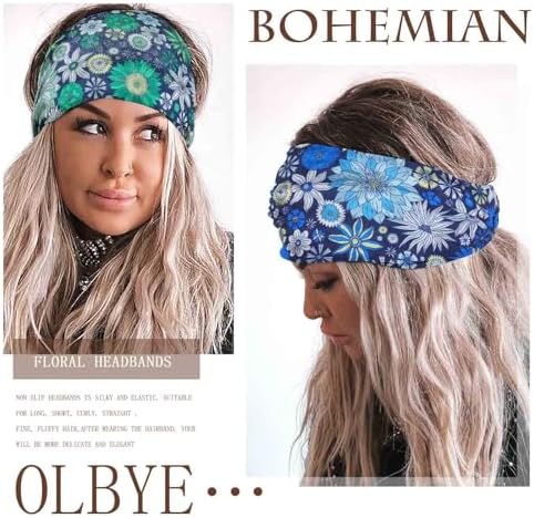 Olbye Wide Boho Headbands Floral Stretch Head Wraps Bohemian African Turban Hairbands Knotted Bandana Headband Yoga Running Head Scarfs Workout Hair Accessories for Women 4Pcs (Floral, 9.4 * 5.9'') - Image 4