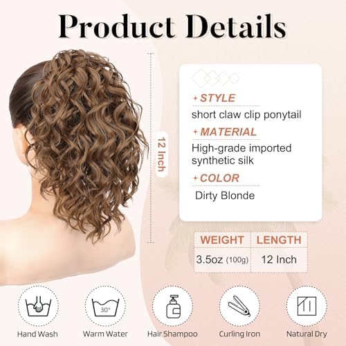Flufymooz Ponytail Extension, 12" Short Claw Ponytail Extension Wavy Curly Jaw Clip in Pony tails Hair Extension Natural Synthetic Hairpiece for Women(Dirty Blonde) - Image 3