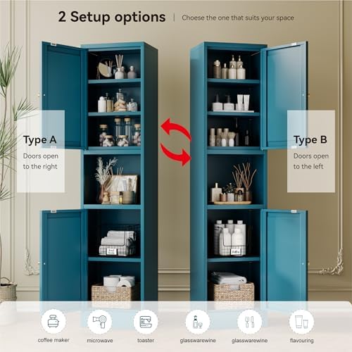 YAUWOH 2-Door Metal Storage Cabinet, Tall Slim Pantry Organizer with 3 Adjustable Shelves (120LBS/Shelf), Anti-Tipping Waterproof Cabinet for Bathroom/Kitchen/Home Office/Small Spaces,(1PC,Blue) - Image 4