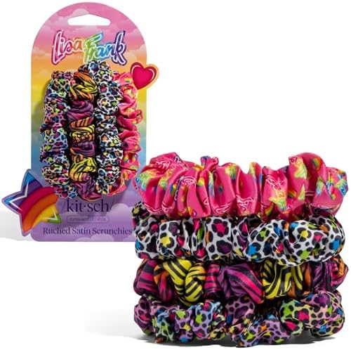 Lisa Frank x Kitsch Ruched Satin Scrunchies for Women- Rainbow Leopard 4pcs by Kitsch