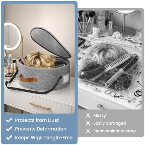 Large Capacity Wig Storage Box - Hair Extension & Hairpiece Travel Carrying Case, Makeup Tool Organizer for Wigs, Styling Heads & Accessories, 16" L x 7" H (Grey) - Image 3