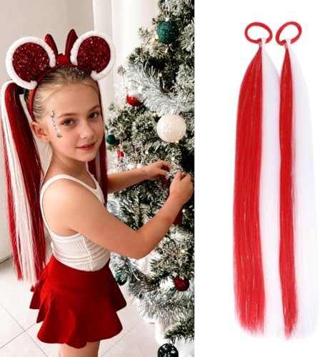 Red/White Ponytail Tinsel for Girls Hair Accessories Synthetic Tinsel Extensions With Rubber Band Christmas Festival Halloween Party Daily Crazy Days Hair Pieces 20inch 2pcs/lot by Szphoxer