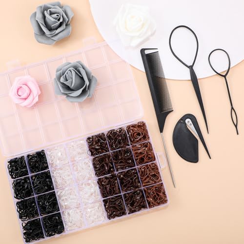 1500 Pcs Hair Bands in 4 Natural Colors - Rubber Hair Ties with Organizer Box and 6 Styling Tools for Women, Girls, Kids - Image 7