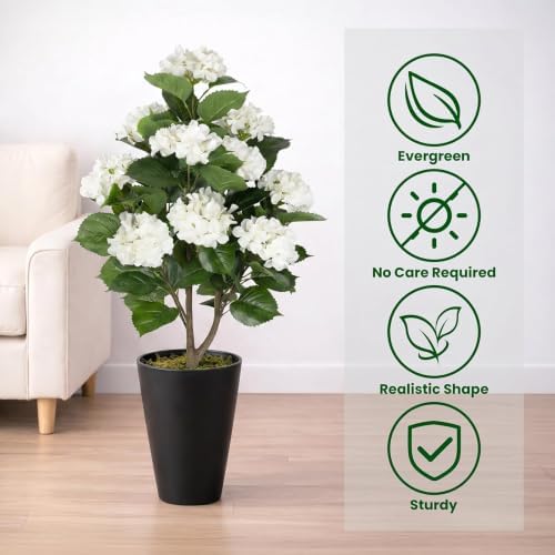 2 Pack 3FT Fake Hydrangea Trees for Outdoors with Ground Spikes, White Artificial Hydrangea Flowers Topiary Trees, Realistic Faux Outdoor Plants for Front Porch, Patio, Garden, Entryway Decor - Image 4