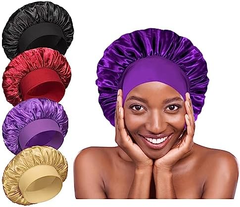 4Pcs Silk Satin Bonnets for Sleeping - Elastic Wide Band Wrap for Black Women Men,Silk Bonnets for Curly Hair,Large Hair Cap for Sleeping (Black+Wine Red+Purple+Brown) by Unknown
