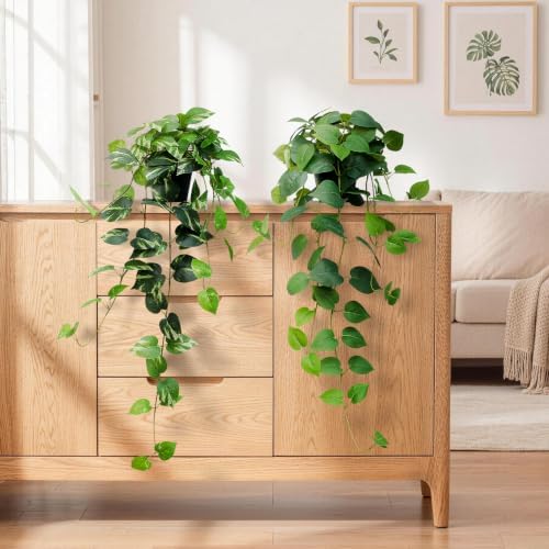Fake Pothos Hanging Plants, 33" Set of 2 Artificial Hanging Plant with Pot, Faux Pothos Vines Hanging Plant Greenery for Wall Home Living Room Indoor Decor (2, Green Pothos and Golden Pothos) - Image 4