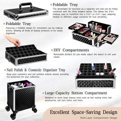 5 in 1 Rolling Makeup Train Case Professional Cosmetic Trolley Large Storage Organizer on Wheels for Hairstylist Artist Nail Beauty Salon Barber Black - Image 5