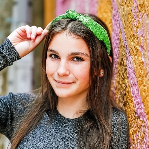 FROG SAC St. Patrick's Day Knot Headband for Girls, Green Sequin Knotted Hair Band Accessories for Kids, Sparkly Iridescent Little Girl Headbands for Children, Cute Sparkle Head Band - Image 2