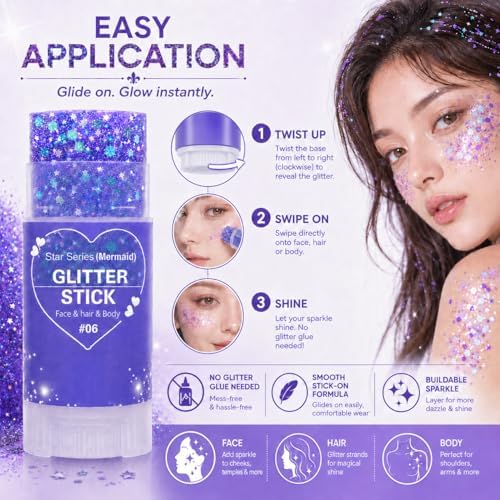 Purple Hair Glitter Stick for Kids, Mermaid Face Body Glitter Makeup with Chunky Sequins, Purple Glitter for Hair Face Body, Mardi Gras Accessories, Halloween Carnival Festival Rave Party (06Purple) - Image 6