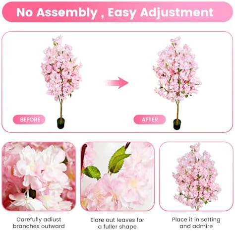 2 Pack Artificial Cherry Blossom Tree,4FT Faux Cherry Blossom Plant in Pot with Pink Flowers,Artificial Silk Plants for Indoor Outdoor Decor,Front,Living Room,Office,Patio - Image 3