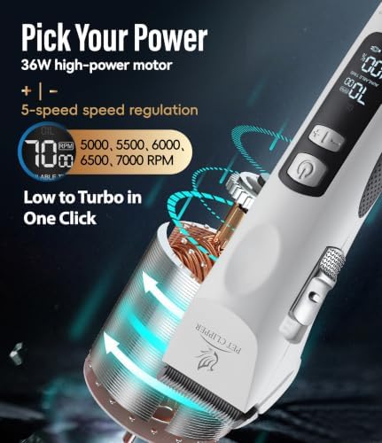 Professional Dog Grooming Clippers with 17H Runtime & Replaceable 440C Blade, 5-Speed Low Noise Electric Dog Shaver for Thick, Matted, Curly Hair, Cordless Clipper for Groomer & Home Use, White - Image 3