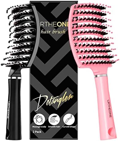 URTHEONE Hair Brush,Detangling Hairbrush Boar Bristle Curved Vented Hair Brush for Women Men Kids Curly Thick Long Short Wet or Dry Hair, Faster Blow Drying(2Pack Pink) by URTHEONE