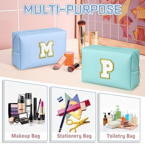 TOPEAST Initial Makeup Bag for Travel, Chenille Letter Pouch Cosmetic Bag, PU Leather Waterproof Toiletry Bag, Personalized Gifts for Bride Bridesmaids, Cute Things for Girls (Sky Blue Q) - Image 5