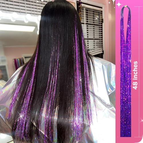 NIACONN Glitter Hair Tinsel Extensions Kit Purple with Tools and Beads, 48 Inch Sparkly Fairy Colorful Tensile Strands Shiny Hair Accessories for Women Girls Kids - Image 2