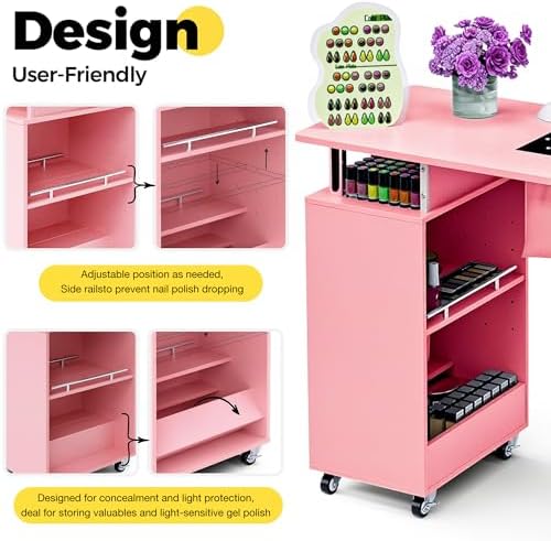 Manicure Table Nail Desk with Dust Collector & Wheels (Pink) - Image 5