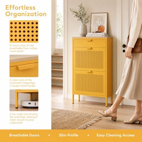 Slim Freestanding Hallway Shoe Cabinet, Metal Narrow Shoe Storage with 2 Flip Doors and Closed Drawer, Ventilated Shoe Organizer for Small Spaces, Entryway, Living Room,Yellow 40"H X 23.6"W X 11.8"D - Image 5