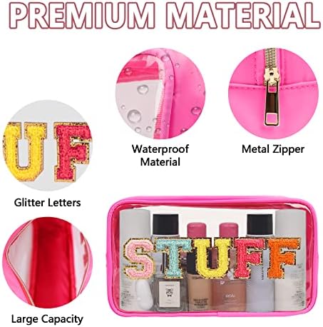Iqimott Clear Patch Makeup Bag Stuff Pouch, Preppy Personalized Chenille Letter Cosmetic Pouch for Travel, Nylon Waterproof Travel Essentials Zipper Toiletry Bags for Women Girls(STUFF, RoseRed) - Image 3