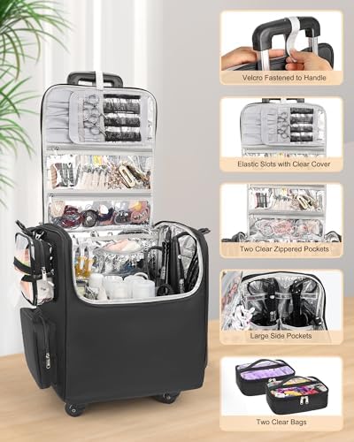 Relavel Rolling Makeup Train Case, Professional Hairstylist Traveling Bag with 4 Wheels & 2 Pouches, Adjustable Dividers, Heat Insulation Full Layer, Portable Cosmetics Storage Organizer Suitcase - Image 5