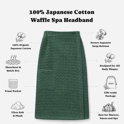 Luxury Organic Japanese Cotton Waffle Body Towel Wrap for Women | Sauna, Spa, Onsen, Shower Towel with Adjustable Snap Closure and Pocket | Ultra Plush 450 GSM (Forest Green, S/M) - Image 2