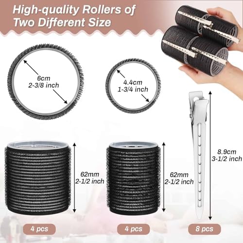Self Grip Hair Rollers Curlers 16 Pcs Set with 8Pcs Hair Rollers 2 Sizes (4 Jumbo & 4 Large) and 8 Pcs Hair Clips for Long Medium Short Thick Fine Thin Hair Volume (Black) - Image 2
