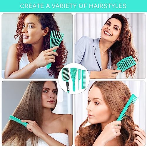 4pcs Curly Hair Brush Set for Adult & Kids Wet or Dry, Detangling & Wide Tooth Comb with Hair Detangler (4, Green) - Image 2