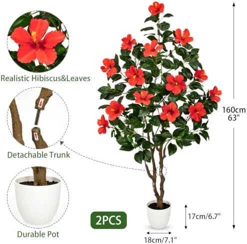 Briful 63" Artificial Hibiscus Trees 2 Pack, Faux Tropical Plants, Red - Image 4