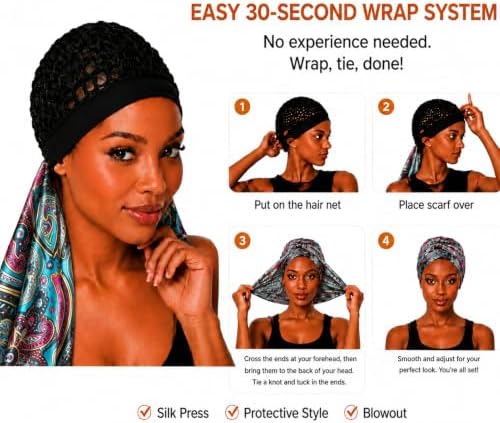 2 in 1 Wrap Cap Hair Net and Scarf for Silk Press, Satin Wrap Cap Bonnet for Women, Adjustable Stay-On Sleep Hair Net Scarf for All Hair Types (Sky blue, One Size) - Image 6