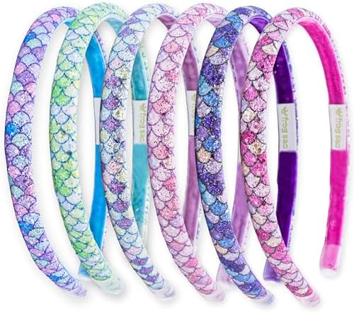 FROG SAC 6 Headbands for Girls - Thin Head Bands for Kids, Toddler Hair Band Accessories, Glitter Mermaid Floral Hairbands, Easter Basket Stocking Stuffers (Pink,Purple,Blue,Aqua,Green) by FROGSAC