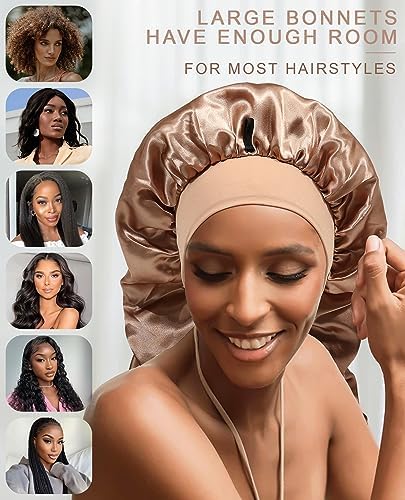 AWAYTR 2-Layer Satin Bonnet for Braids, Wide Band Long Sleep Cap Champagne - Image 4