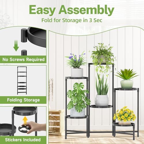 6 Tier Large Plant Stand with Grow Light, 10 Inch Tray, Black - Image 5