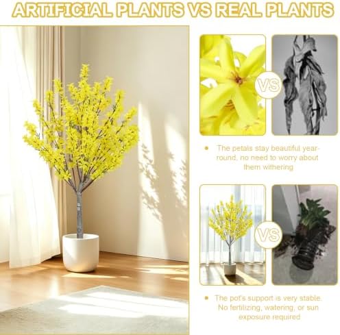 4FT Yellow Artificial Forsythia Tree, Faux Spring Forsythia Flower Branches Plant with Pot, Lifelike Fake Tree for Living Room Corner, Entryway, Porch Indoor Outdoor Decor - Image 7