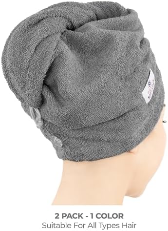 American Soft Linen 100% Cotton Hair Towels for Women, Head Towel Cap, Cotton Hair Turban Towel Wrap for Long Curly Anti Frizz Hair, Soft and Absorbent Cotton Hair Towels 2 Pack, Dark Gray - Image 3