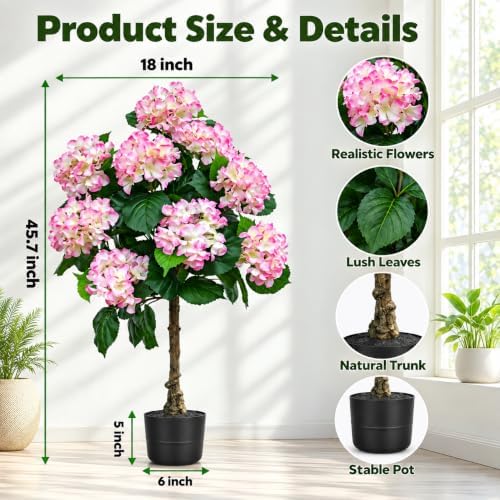 THKFUL 3.7FT Artificial Hydrangea Tree with Natural Trunk, Pink & White Faux Flowering Tree in Pot for Living Room, Entryway, Bedroom, Front Porch, Patio & Cottage Home Decor - Image 5