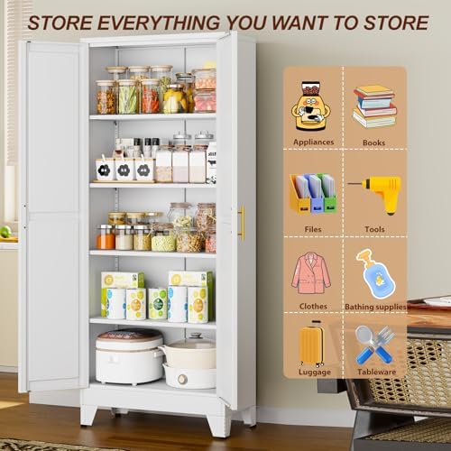 71" White Metal Storage Cabinet with 2 Doors and 4 Adjustable Shelves,Steel Garage Tool Cabinet, File Cabinet,Kitchen Pantry Cabinet for Home,Office,Garage,School,Warehouse - Image 6