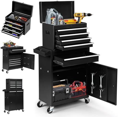 Dawmilon 5-Drawer Rolling Tool Chest with Wheels - High Capacity Tool Cabinet with Detachable Top Toolbox for Garage and Workshop Organization - Metal Tool Cart with Liner & 4 Hooks, Black by Dawmilon