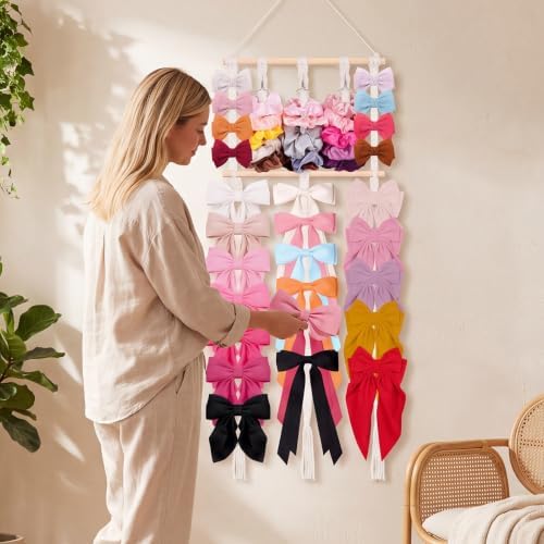 Macrame hair accessories organizer Wall Mounted,No-Drill Bow Holder - Image 6