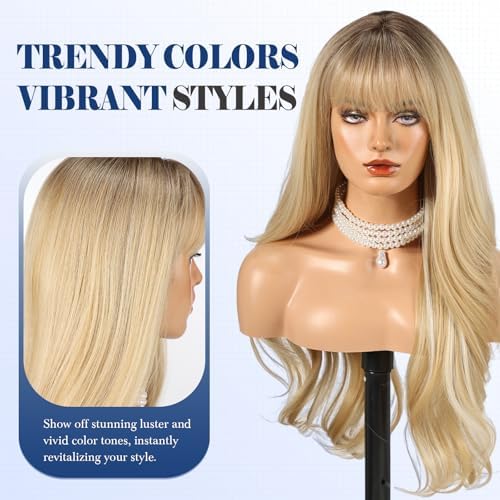 HAIRCUBE Long Blonde Wig with Bangs Layered Curly Wigs for Women Natural Synthetic Wigs for Daily Use (pelucas de cabello natural) - Image 4