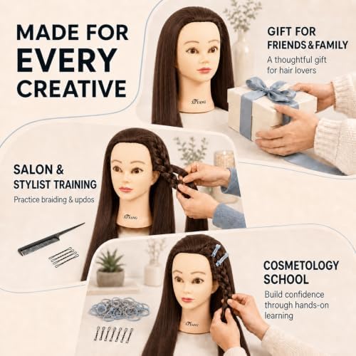 26-28 Inch Synthetic Fiber Mannequin Head for Braiding Styling Cutting Cosmetology Practice Doll with Clamp Stand for Makeup Training (Brown) - Image 5