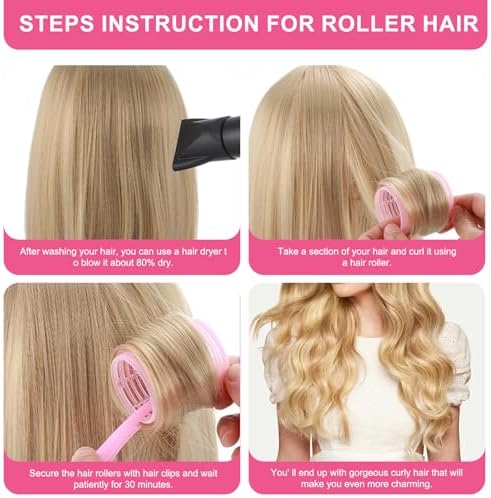 4 Sizes Hair Rollers Set with Clips - 50 Pcs Hair Curlers Rollers for Women, Self Grip Holding Hair Roller for Hair Long Medium Short Bangs Thick Fine Volume Thin, Pink - Image 4