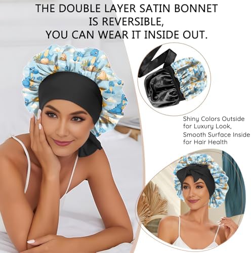 Satin Hair Braid Bonnet for Sleeping Double Layer Elastic Wide Soft Tie Band Hair Silk Lined Sleep Cap Women Girls - Image 6