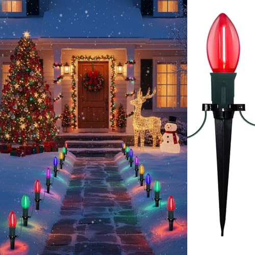 C9 Christmas Pathway Lights Outdoor, 38 Ft 25 LED Multicolor C9 Christmas Lights, Connectable Outdoor Waterproof Walkway Markers Light for Driveway Yard Garden Lawn Xmas Decorations by Doratale